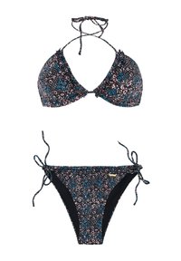 Bikini su trikampiu viršumi ir surišamomis petnešėlėmis, turintis juodą pagrindą su spalvingomis geometrinėmis raštais; atitinkami apatiniai su reguliuojamomis surišamomis detalėmis.