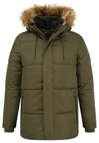 Oliven grønn puffjakke med avtagbar faux fur hette, glidelås foran og sidelommer; kviltet tekstur og justerbare snorer.