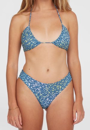 Blue and green patterned bikini set featuring a triangular top with halter straps and high-waisted bottom. Smooth fabric texture, moderate coverage.
