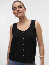 Top senza maniche nero con scollatura a girocollo, caratterizzato da bottoni dorati lungo la parte anteriore. Realizzato in tessuto liscio, ha una vestibilità comoda.