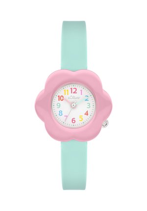 Child’s wristwatch with a pink flower-shaped bezel, pastel blue strap, and multicolored numbers on a white dial showing 10:09:38.