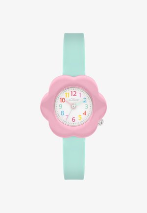 Child’s wristwatch with a pink flower-shaped bezel, pastel blue strap, and multicolored numbers on a white dial showing 10:09:38.