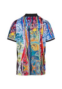 Polo cu mânecă scurtă, cu guler negru, având dungi verticale vibrante și modele abstracte intricate în culori multiple, cu textul "KITZBÜHL" pe spate.