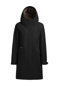 Zwarte waterdichte parka met capuchon, voorzien van een voering met luipaardprint, twee voorzakken en een slank, gestroomlijnd design.