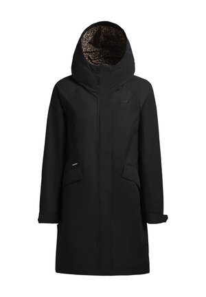 Zwarte waterdichte parka met capuchon, voorzien van een voering met luipaardprint, twee voorzakken en een slank, gestroomlijnd design.