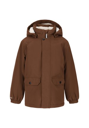 Brun vinterjakke med hætte foret med hvid fleece, frontlynlås med knapklap, to forlommer med knapklapper og elastiske manchetter.