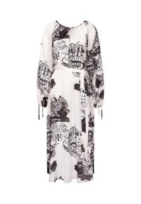 Fließendes weißes Kleid mit einem schwarzen architektonischen Print, langen Ärmeln mit elastischen Bündchen und einem Taillengürtel für eine figurschmeichelnde Silhouette.