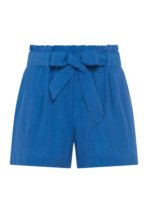 Helle Leinen-Shorts mit hoher Taille, weitem Bein, Falten an der Vorderseite und einem passenden gebundenen Gürtel. Weiche Textur und maßgeschneiderte Designdetails.