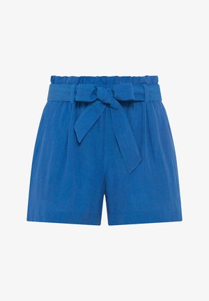 Niebieskie lniane szorty z wysokim stanem, szerokimi nogawkami, fałdami z przodu i dopasowanym paskiem do wiązania. Miękka tekstura i starannie wykonane detale.