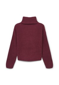 Maglione a coste bordeaux con colletto alto e maniche lunghe. Presenta una vestibilità comoda e un motivo testurizzato in tutta la superficie.