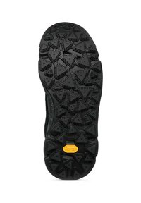 Suola di scarpa nera con motivi triangolari testurizzati e caratteristiche di grip in gomma. Un logo "Vibram" giallo è incorporato nel design.
