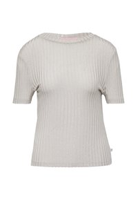 Korte mouwen rib gebreide top in licht beige met een ronde halslijn en een subtiele glans in de stof.