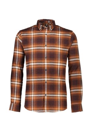 Bruine geblokte shirt met oranje en grijze lijnen, lange mouwen, button-down kraag en blauwe knopen. Gemaakt van een zachte, gestructureerde stof.