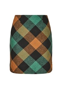 Mini-jupe avec un motif écossais audacieux en tissu de laine vert, noir, marron et orange.