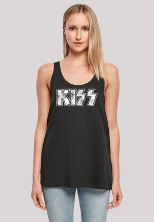 Black tank top made of cotton, featuring a large, distressed white "KISS" graphic in a bold font. Rounded neckline and sleeveless design.