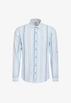 Heledad pikad varrukad sinine nööbid alla särk, millel on vertikaalsed triibud ja must õmblus. Sile kangas koos klassikalise krae ja mansettidega.