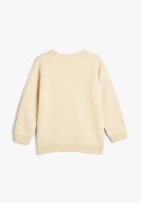 Sudadera de color crema con cuello redondo acanalado, mangas largas y una textura suave. Presenta un corte holgado y una superficie lisa y uniforme.