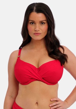 Roter Bügel-Bikini-Oberteil mit gedrehtem Vorderdesign, strukturiertem Stoff, verstellbaren Trägern und goldenen Akzenten.