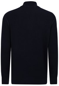 Maglione ribbed blu navy con colletto alto e maniche lunghe. Tessuto testurizzato con silhouette aderente, senza motivi o accenti visibili.