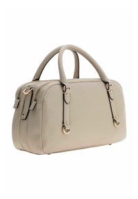 Sac à main en cuir gris au design structuré, avec deux fermetures éclair et des accessoires en métal doré. Dispose de deux poignées supérieures et de bandoulières amovibles.