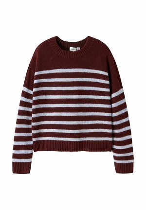 Pull rayé bordeaux et bleu clair avec un col rond, un ourlet côtelé et une coupe décontractée. Fait en matériau doux et duveteux.