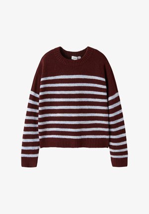 Bordeaux en lichtblauw gestreepte trui met een ronde hals, geribbelde zoom en een losse pasvorm. Gemaakt van zacht, pluizig materiaal.