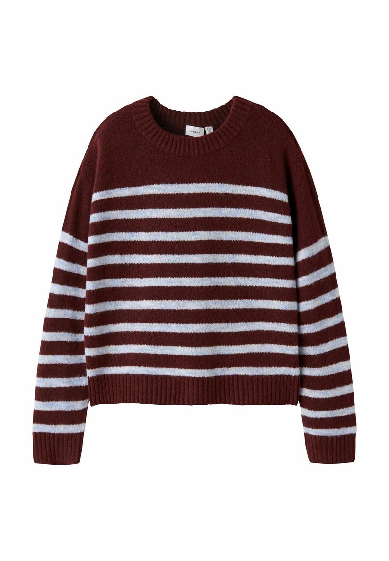 Sweter w bordo i jasnoniebieskie paski, z okrągłym dekoltem, prążkowanym wykończeniem i luźnym krojem. Wykonany z miękkiego, puszystego materiału.