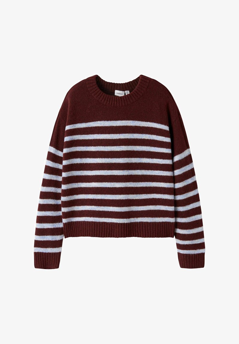 Maglione a righe color mogano e azzurro chiaro con collo rotondo, orlo a coste e vestibilità ampia. Realizzato in materiale morbido e peloso.