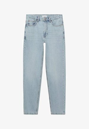 Svetlo modré riflové nohavice s rovnými nohavicami, piatimi vreckami a kontrastným prešívaním. Tkanina sa zdá byť mierne opotrebovaná s hebkým povrchom.