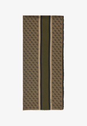 Sciarpa intrecciata marrone con un motivo intricato, strisce verde oliva e nere, e bordi frangiati. Il materiale appare morbido e testurizzato.