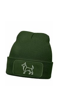 Green knit beanie featuring a rolled cuff, made of textured fabric, with a white outline of a dog on a rectangular patch.