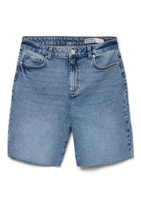 Šviesiai mėlynos džinsinės šortai su aukštu liemeniu, penkiomis kišenėmis ir tiesiu kirpimu. Yra sagos uždarymas ir minimalus nusidėvėjimas hem punkte.