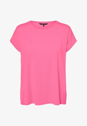 Spilgti rozā sieviešu īsroku T-krekls ar apaļu kakla izgriezumu un piedurkņu rullītiem, izgatavots no mīkstas auduma.