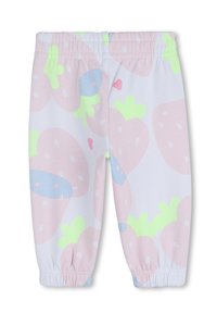 Ροζ βαμβακερό κολάν με στάμπα φράουλας, με ανοιχτό μπλε λεπτομέρειες και πράσινα μοτίβα φύλλων. Ελαστική μέση και σούρες στα τελειώματα.