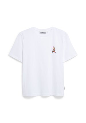 White short-sleeve T-shirt made of cotton, featuring a colorful floral design in the shape of a character on the left chest.