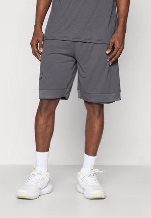 Pantaloni sportivi grigi con una finitura testurizzata, caratterizzati da un logo sul lato sinistro, abbinati a calzettoni bianchi e scarpe.