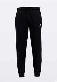 Czarne sportowe spodnie wykonane z miękkiego materiału, z elastycznym pasem, ściągaczami przy kostkach i małym białym logo Nike na przodzie.