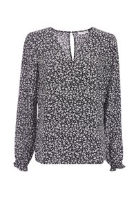 Schwarze Bluse mit floralem Muster, langen Ärmeln, einem Schlüssellochausschnitt und elastischen Bündchen. Der Stoff hat eine weiche Textur mit einem verstreuten weißen Blumenmuster.
