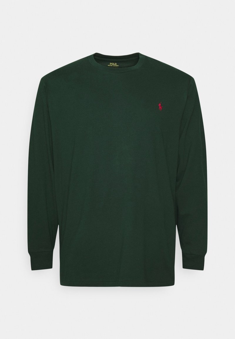 Long-sleeve dark green cotton t-shirt featuring a crew neck and a small red embroidered logo on the left chest.