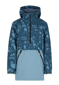Giacca a vento di colore blu scuro con parte superiore decorata da triangoli e montagne. La sezione inferiore è di un blu chiaro uniforme. Include zip laterali.