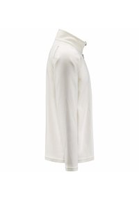 Maglione bianco in pile a maniche lunghe con mezza zip e colletto alto. Presenta una texture liscia e un design minimalista. Include un piccolo logo sulla spalla.
