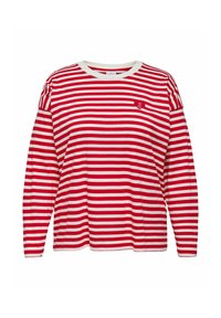 Maglietta a manica lunga a righe rosse e bianche con collo a giro. Logo rotondo piccolo sul petto. Tessuto in cotone morbido, vestibilità comoda.