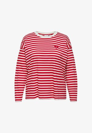 Czerwono-biały, pasiasty longsleeve z okrągłym dekoltem i małym okrągłym logo na piersi. Miękka bawełniana tkanina, luźny krój.