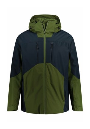 Groene en marineblauwe waterdichte jas met een capuchon, voorzien van een rits aan de voorkant, twee borstzakken en een mix van effen en contrasterende kleurvlakken.