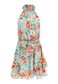 Světle modré bezramínkové šaty s vysokým výstřihem, květinovým potiskem v červené, oranžové, žluté a zelené barvě a páskem vázaným v pase s volánovým lemem.