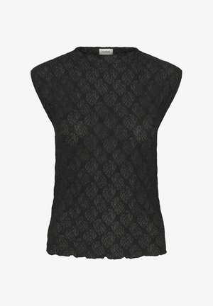 Črna čipkasta majica z strukturiranim diamantskim vzorcem, brezrokavni model in valovitim robom. Lahkoten material z ohlapnim krojem.