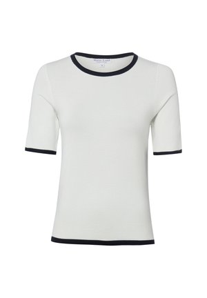 Weißes kurzärmeliges Strickoberteil mit schwarzem Besatz am Kragen, an den Ärmeln und am Saum, Größe Small von Marie Lund Copenhagen.