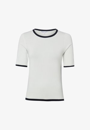 Biały krótki sweter z czarną lamówką na kołnierzu, końcach rękawów i na dole, rozmiar small, marka Marie Lund Copenhagen.