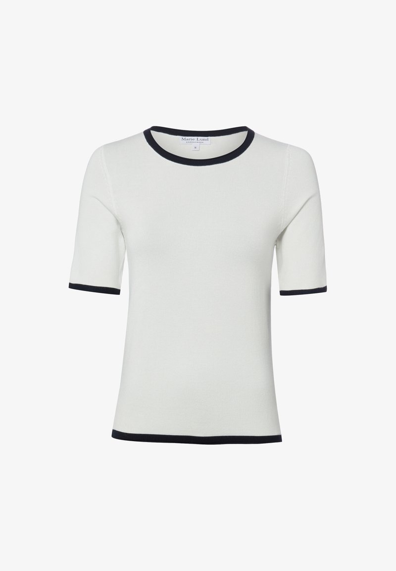 Top bianco a maniche corte in maglia con rifiniture nere su collo, estremità delle maniche e orlo, taglia small firmato Marie Lund Copenhagen.