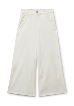 Weißer Baumwoll-Hosen mit weitem Bein, ausgestattet mit einem Knopfverschluss, zwei Fronttaschen und einer glatten, unverzierten Oberfläche.